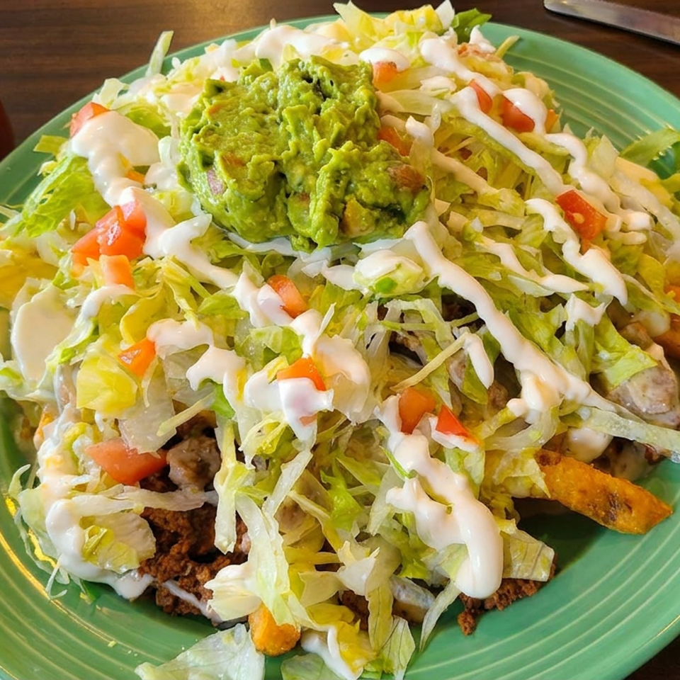 Loaded Mexican-style salad with lettuce, guacamole, tomatoes, creamy dressing, seasoned meat, and crispy tortilla strips on a green plate.