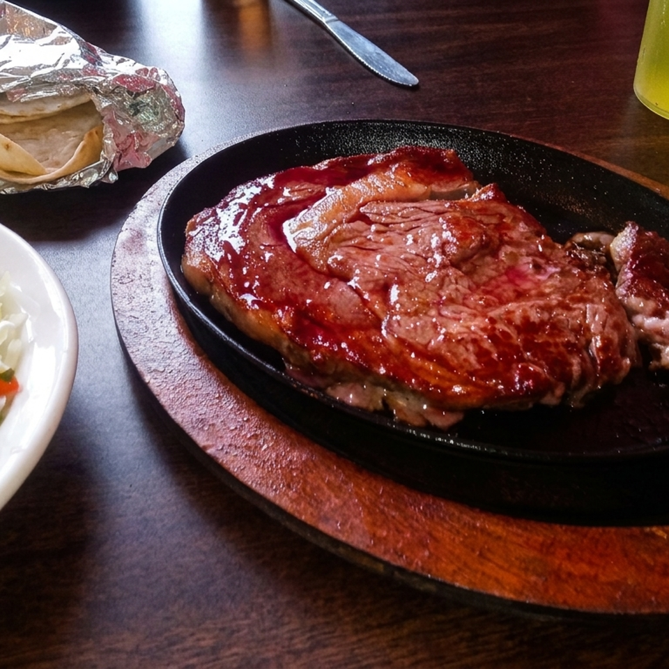 Grilled steak served on a sizzling cast-iron platter with tortillas, salad, salsa, and a lime-colored drink.